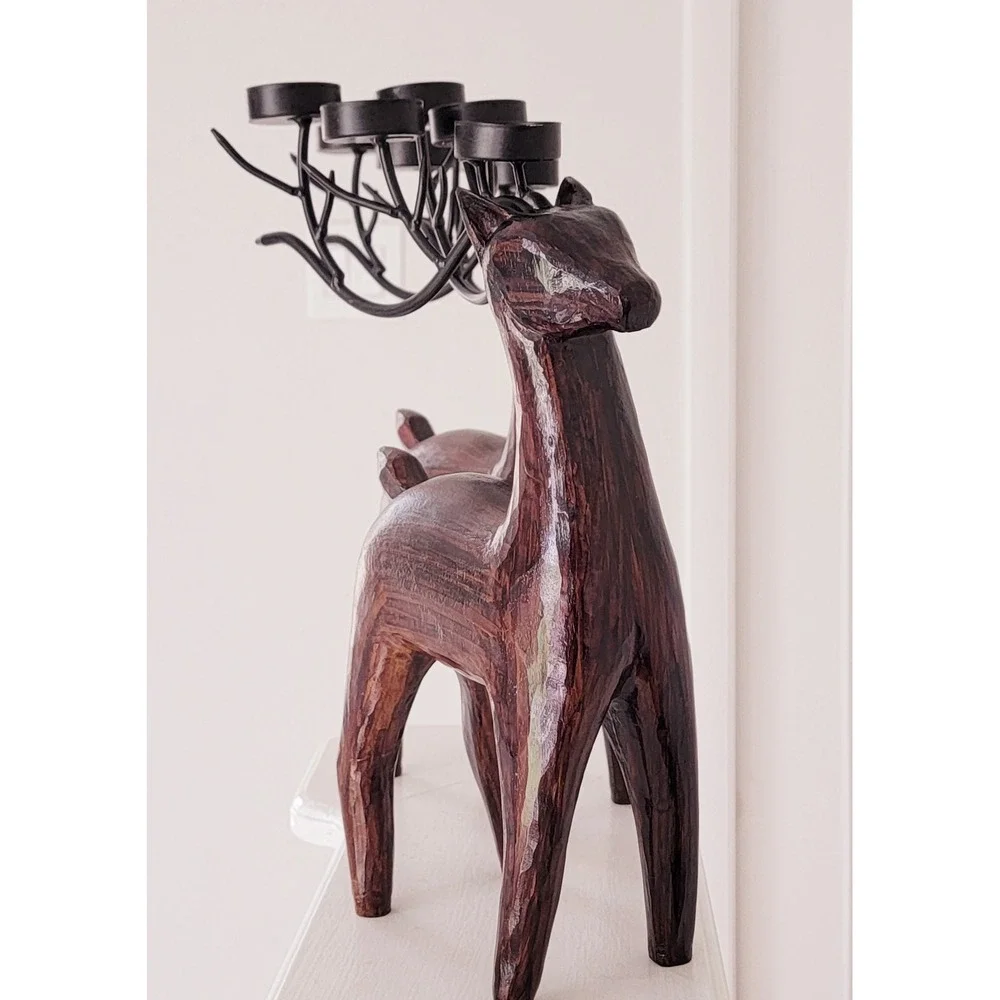 Reindeer Candle Holder Set 5 Tealight‎ Candles Faux Wood/Metal Christmas Holiday
